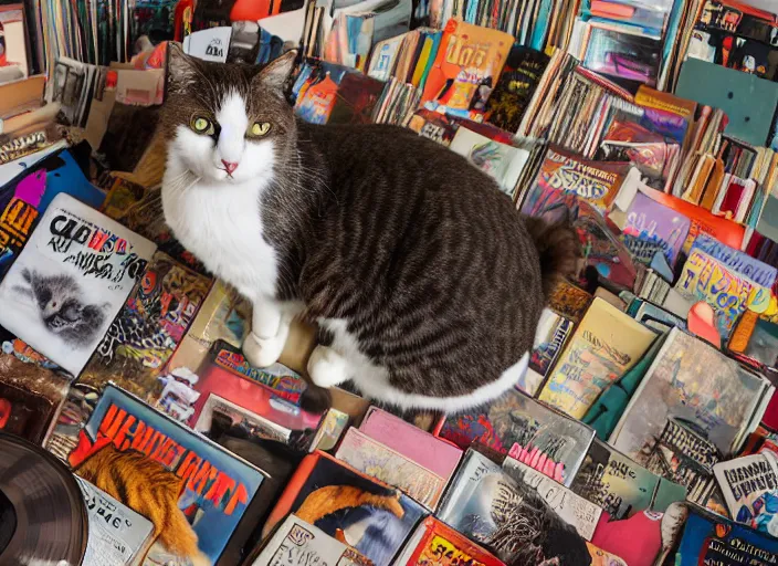 Image similar to photography of a Cat sitting on a pile of books and vinyls. a record player is in the shot. in a room full of vinyls and posters out of the 70's, photorealistic, raining award winning photo, 100mm, sharp, high res