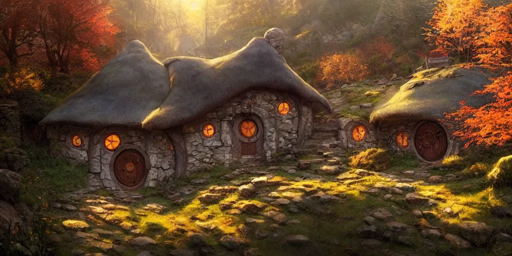 Image similar to a hobbit cottage on top of a steep hill, greg rutkowski, zabrocki, moebius, karlkka, jayison devadas, highly detailed, autumn sunlights, smoky atmosphere, ( ray of sunlight ), trending on artstation, 8 k, ultra wide angle, zenith view, pincushion lens effect