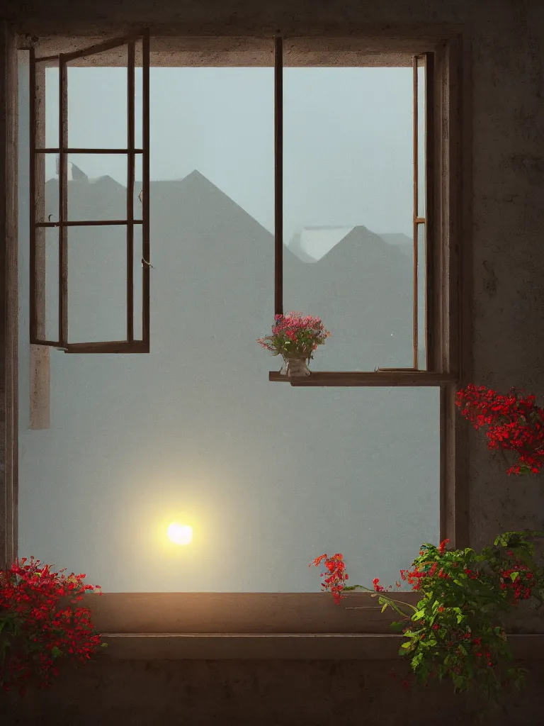 Prompt: a single old house window with a vase of red flowers with view to a sunrise, blue wall, a wooden chair near the window, concept art, octane render, unreal engine 5, trending on deviantart, highly detailed, high quality, hd, digital painting, masterpiece, geometric, symmetrical, low contrast, beautiful, high coherence, natural lighting, intense lighting