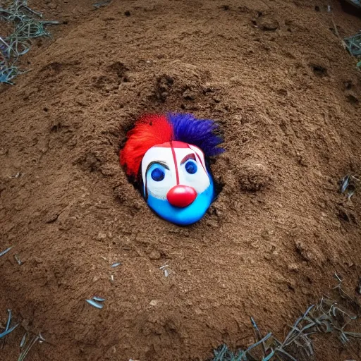 Image similar to photo of a round creature made of dirt and soil with tiny legs, with round blue eyes, a red clown nose, and a cute smile