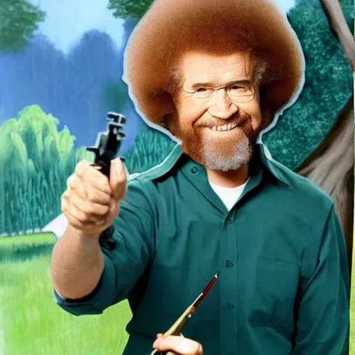 Image similar to bob ross painting a canvas with a paintball gun