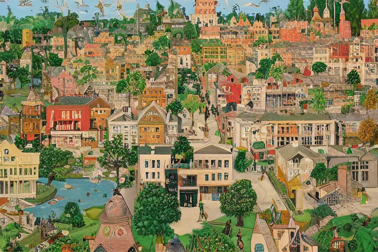 Image similar to an elaborate and dense painting of a peaceful neighborhood, detailed, made of alcohol ink on parchment and penned illustrations, by wes anderson and bosch and geoff darrow