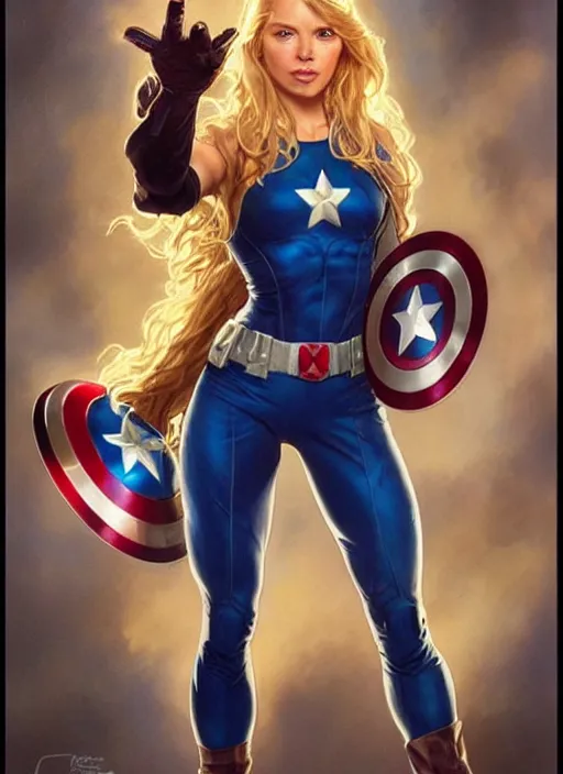 Image similar to toned young april with a mischievous face and extremely long blonde wavy hair dressed as superhero in her early 2 0 s, posing with hands behind back, captain america, tight fit, curvaceous, intricate detailed face, shiny, artgerm, greg rutkowski, alphonse mucha