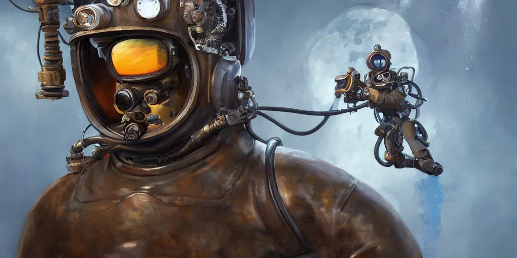 Image similar to highly detailed portrait painting of welder in atmospheric diving suit, mono eyed, by eddie mendoza and tyler edlin, windows, 8 k resolution