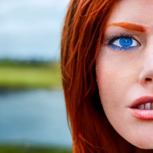 Image similar to close up photo of the left side of the face of a redhead woman with blue eyes who looks directly at the camera. Slightly open mouth, with a park visible in the background. 135mm nikon. Intricate. Very detailed 8k. Sharp. Cinematic post-processing.