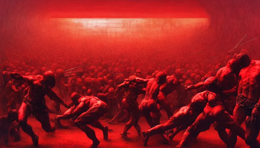 Image similar to only with red, bloody armored gladiator battle in a crowded roman amphitheatre, crowd cheering, in the style of beksinski and edward hopper and rodcenko and yue minjun and greg rutkowski, intricate and epic composition, red by caravaggio, highly detailed, masterpiece, red light, artstation, art nouveau