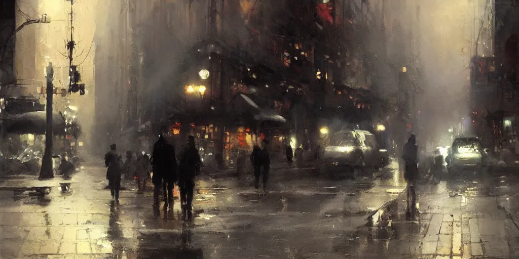 Image similar to street scene, volumetric lighting, painting by jeremy mann