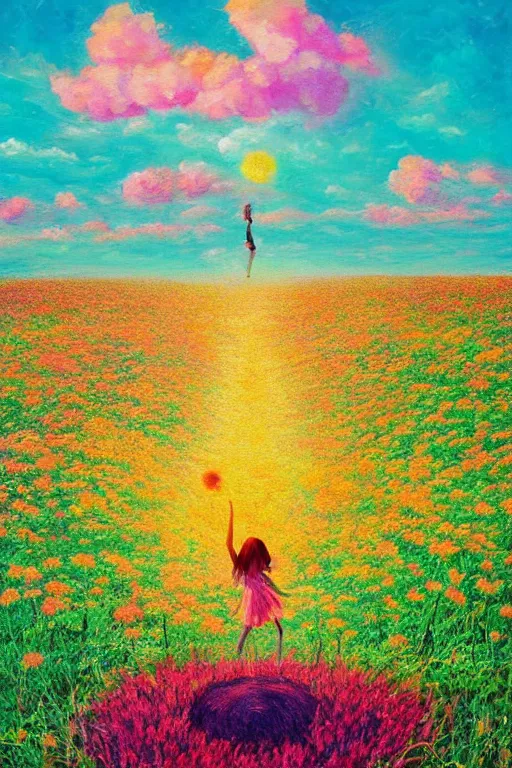 Image similar to giant daisy flower as head, girl dancing in a flower field, surreal photography, sunrise, dramatic light, impressionist painting, colorful clouds, digital painting, artstation, simon stalenhag