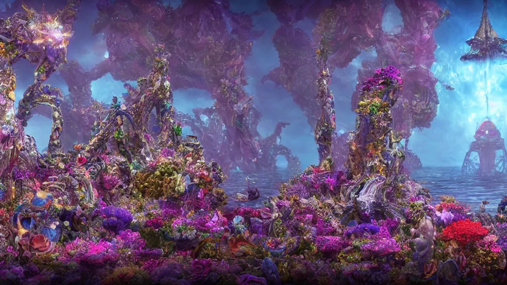 Prompt: a centered render of intricate modular synthesizer of dargon, shining its light across a tumultuous sea of flowers, undersea animals and one gothic crystal temple by dorothea tanning and salvador dali, trending on artstation, cyber punk, soft color, unreal engine, high detailed, 8 k