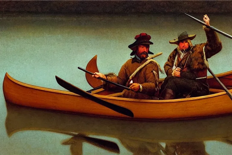 Prompt: fur trader in a canoe, 1 8 5 0. illustrated by n. c. wyeth. oil painting, highly detailed, centered, digital painting, artstation, romantic, concept art, smooth, sharp focus, illustration, artgerm, tomasz alen kopera, frans hals, drew struzan