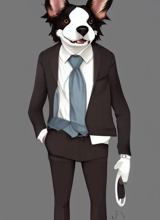 Image similar to beautiful full body character portrait of a cute anthro male anthropomorphic border collie fursona wearing a suit, highly detailed, artstation, illustration, digital painting