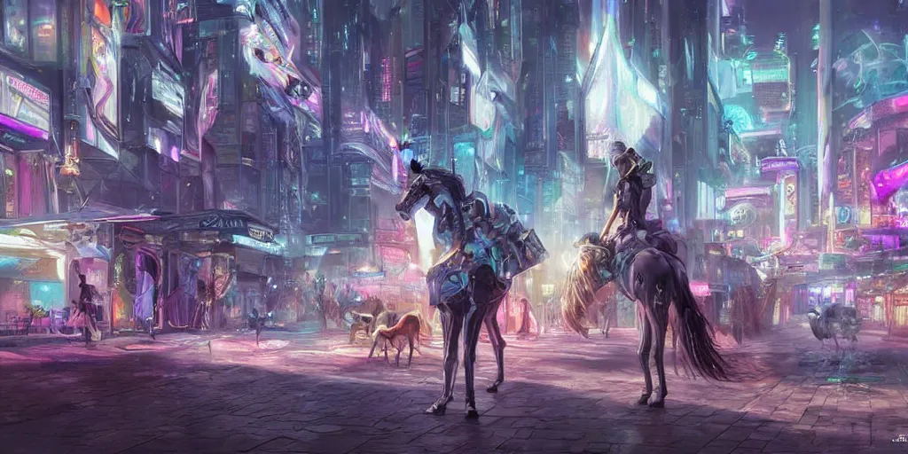 Prompt: unicorn in a futuristic cyberpunk town. By Konstantin Razumov, highly detailed