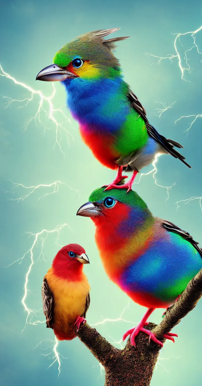 Prompt: realistic photo of multi colored futuristic bird sitting on tree, sharp focus, smooth background, cinematic lightening, wide angle shot, very hyper realistic, highly detailed, fantasy art station