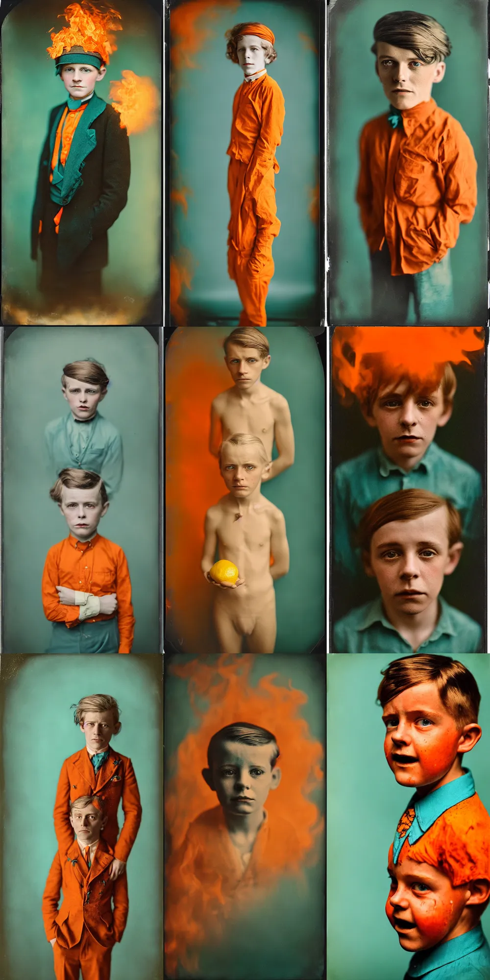 Image similar to kodak portra 4 0 0, wetplate, 8 k, shot of a highly detailed, britt marling style, colour still - life portrait of a lemon looks like a handsome 8 year old boy in hell fire storm, 1 9 2 0 s cloth, 1 9 2 0 s hair, teal and orange, muted coloures