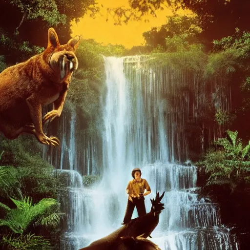 Prompt: steve irwin with dingo and crocodile ( ( ( ( bruce lee ) ) ) ), waterfall background, epic detailed cinematic photography