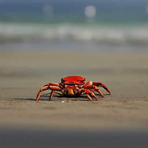 Prompt: a detailed painting of a crab, all alone, on the beach, on a cloudy day