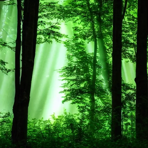 Image similar to A lush green forest in the morning; rays of light coming through the canopy