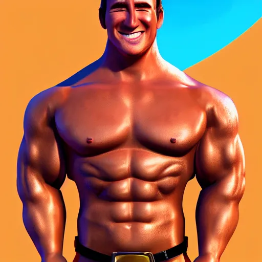 Prompt: concept art of billy herrington from Gachimuchi full round face, short smile, golden hour, medium shot, mid-shot, highly detailed, trending on Artstation, Unreal Engine 4k