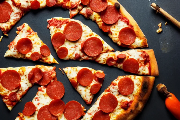 Prompt: a pizza with among us character-shaped pepperoni on top. Food photography, studio photography, highly detailed