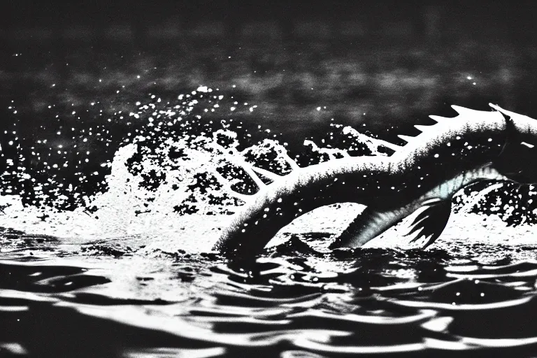 Image similar to a real life gyarados swimming in a lake, sight proof, black and white, blurry, old camera, grainy, motion blur, unfocused, full body shot, wide angle