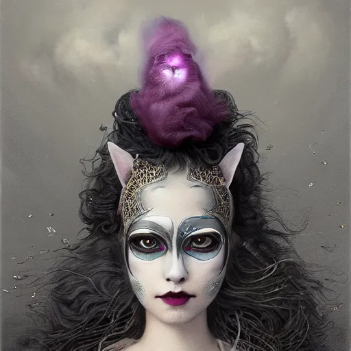 Prompt: actionism, soft painting curiosities carnival, beautiful cat head hybrid in full long dress, accurate features, focus, very intricate ultrafine details, black white purple volumetric clouds, award winning masterpiece, octane render 8 k hd, tom bagshaw artstyle