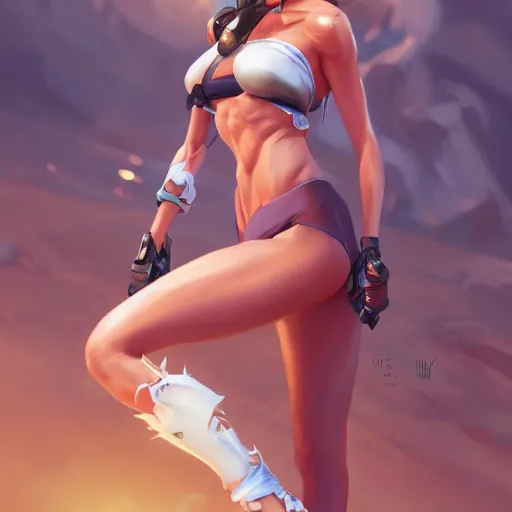 Image similar to a highly detailed portait of tracer from overwatch in a bikini, digital art, pretty face, muscular, very beautiful face, very detailed eyes, 8 k resolution, by wlop, greg rutkowski, full body