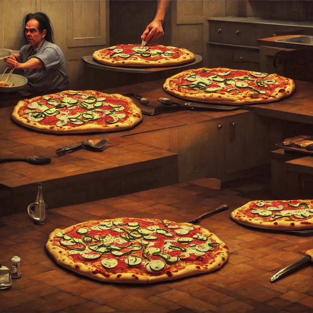 Image similar to hyper detailed 3d render like a Oil painting - nick cave baking pizza by Jacek Yerka, Mariusz Lewandowski, Houdini algorithmic generative render, Abstract brush strokes, Masterpiece, Edward Hopper and James Gilleard, Zdzislaw Beksinski, Mark Ryden, Wolfgang Lettl, hints of Yayoi Kasuma, octane render, 8k