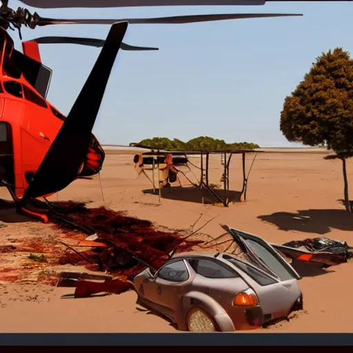 Image similar to a crashed helicopter next to a giant fried chicken, 8k resolution, amazing detail