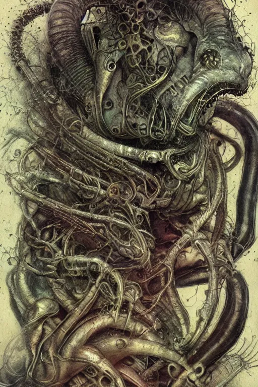 Image similar to maker who rumbles soul, painted by h. r. giger and brian froud and earle k. bergey and wendy froud, trending on artstation, dramatic black and olive lighting macro view blueprint, tintype, anaglyph filter, creature concept art, multiculturalism