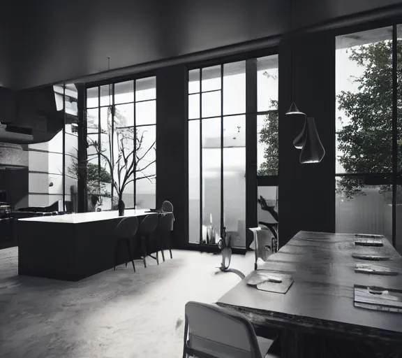 Image similar to brutalist black house kitchen tall ceilings windows interior design minimalist furniture ominous dark powerful giant open space high quality octane render