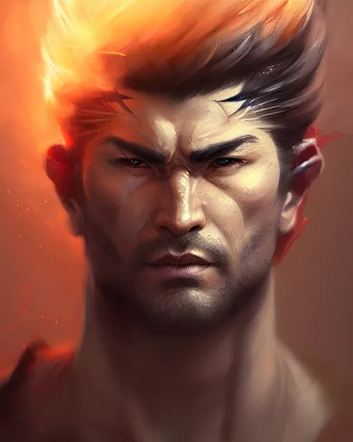 Image similar to face portrait of a handsome and ripped ronin, masculine features, short messy hair, wielding a katana, wearing a haori, by wlop and peter mohrbacher, dramatic action pose, extremely detailed shading, concept art, digital painting, trending on artstation, unreal engine 5, octane render, atmosphere, glow, cinematic lighting, full of color