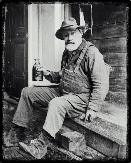 Image similar to “a black and white photograph of an Appalachian bootlegger during prohibition, sitting on the porch with a jar of moonshine next to him, realistic, vintage, antiqued look, grainy film”