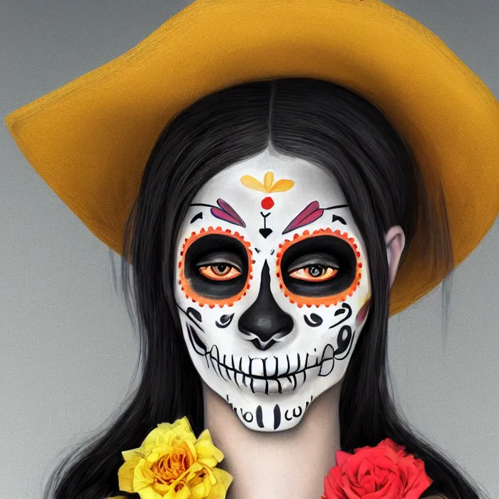 Prompt: a smiling girl with long black hair, part of her face slightly!!!!! painted as dia de los muertos, wearing mexican hat, by alozuniga _. with the style of arcane ( 2 0 2 1 ). digital draw, digital art, trending on instagram, digital painting. octane render, unreal engine, beautiful lips.