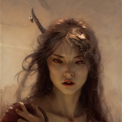 Prompt: young woman with long fangs, detailed, by gaston bussiere, bayard wu, greg rutkowski, giger, maxim verehin, greg rutkowski, masterpiece, sharp focus,