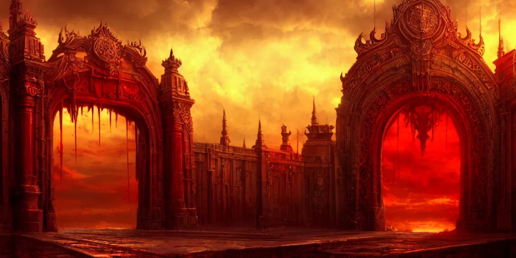 Image similar to huge gate, environment, illustration, red, colors, epic scene, symmetrical, golden raito, high quality, intricate details, details, intricate, atmosphere, highly detailed, matte painting, cinematic, deviantart, realistic, concept art, 4 k