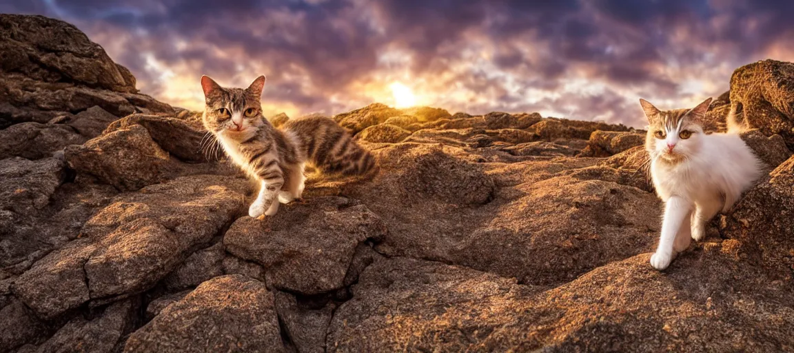 Prompt: a singular cat walking through rocks in a moutainous terrain at sunset, snow, cute, godrays, complementary colors, calm, relaxing, beautiful landscape, highly detailed, high quality, 4k HDR, natural lighting, close view, path tracing, orange palette, anatomically correct, hyperrealistic, low contrast