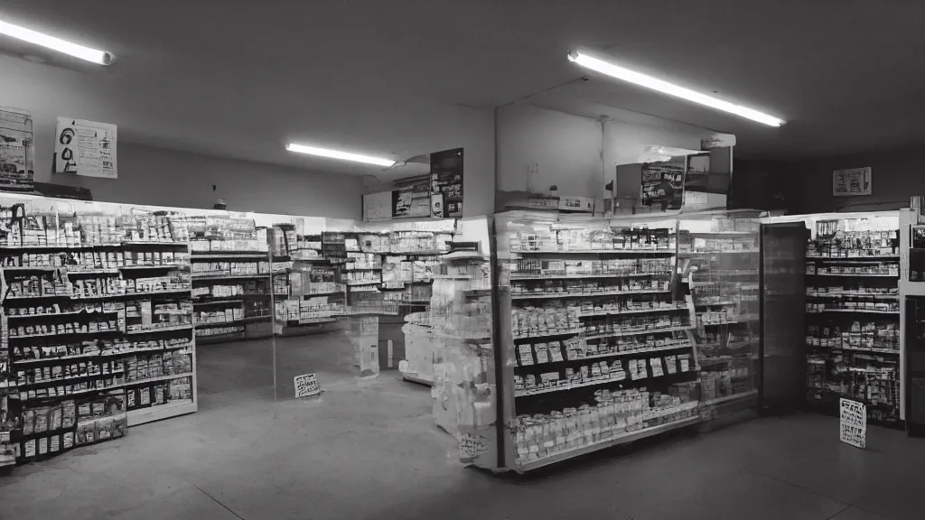 Prompt: empty convenience store, liminal space, moody lighting