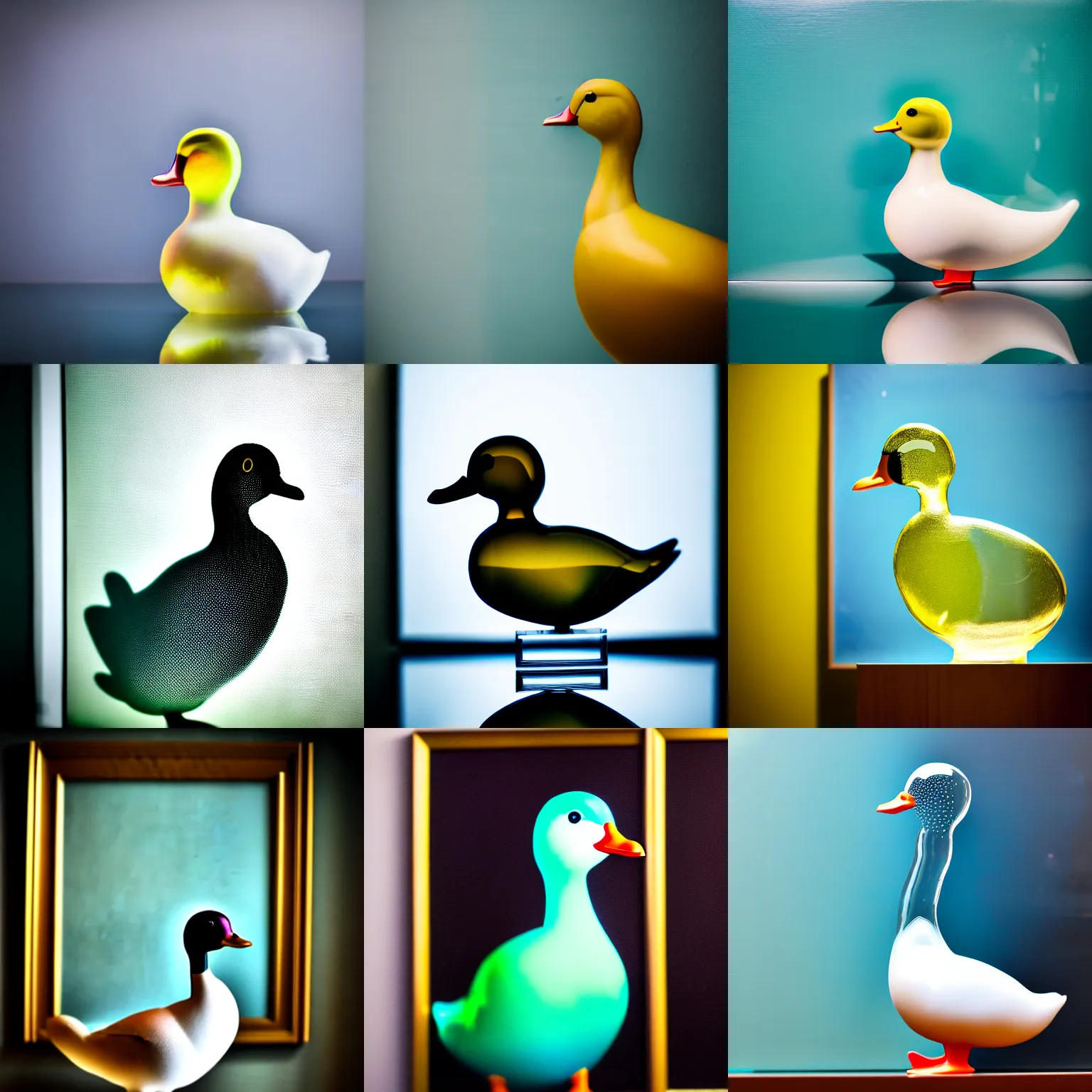 Prompt: a close up photo of a [ transparent glass duck in front of a painting ] [ not opaque ], professional photography, sigma 8 5 mm f / 8