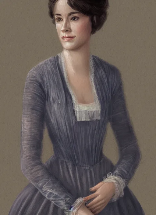 Prompt: a photograpic portrait of elizabeth bennet, pride and prejudice, with kind face, dark hair, georgian dress, intricate, elegant, highly detailed, digital painting, concept art, smooth, sharp focus, illustration,