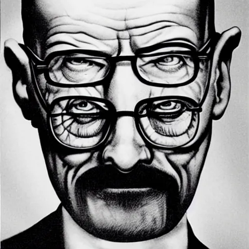 Image similar to creepy walter white with a scary comically large smile, 1940's scare tactic propaganda art