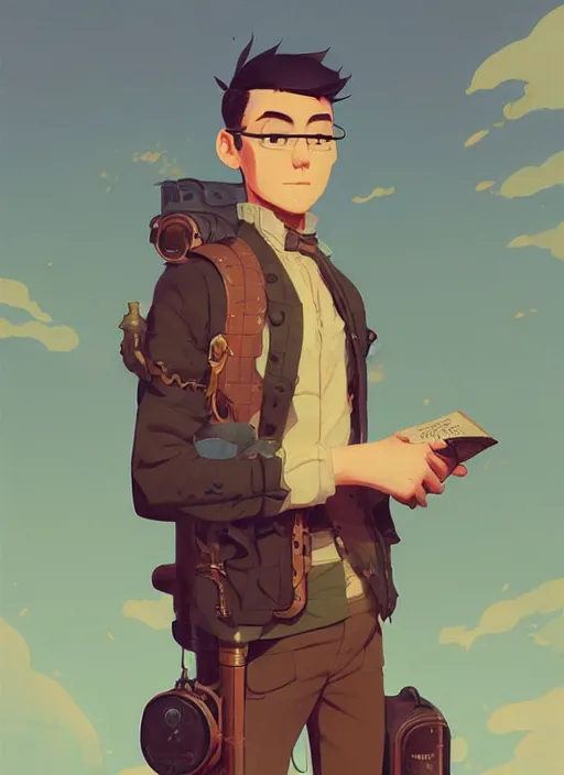 Image similar to detailed portrait of beautiful male steampunk traveller, by cory loftis, atey ghailan, makoto shinkai, hasui kawase, james gilleard, beautiful, peaceful, calm