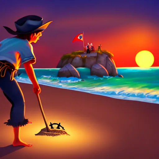 Prompt: pirates finding a buried treasure chest at the beach at sunset, stylized, artstation, hd, cgsociety, cgi, realistic, dramatic, cinematic, artistic, trending, detailed