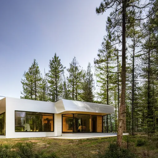 Image similar to a modern house in the woods. the house is the shape of a mobius strip with large picture windows. there are pine trees all around.