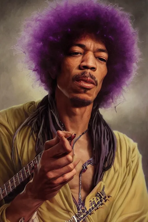 Prompt: A mystical mesmerizing 8k hyperrealistic Photo Portrait jimi hendrix transforming into a purple haze, soft, sharp focus, detailed, art by Greg Rutkowski and artgerm and Alphonse Mucha