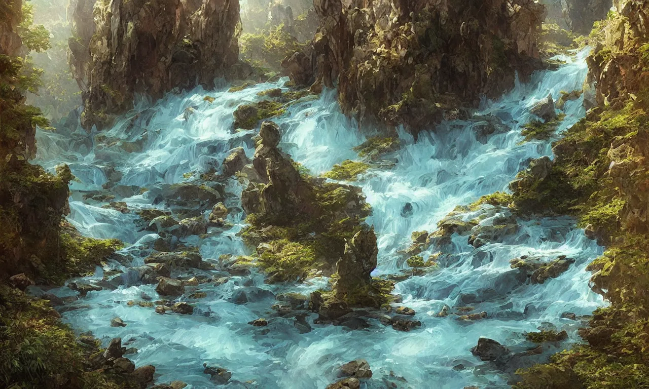 Image similar to Mountain river flows through a fantasy landscape gorge. A big blue lake in the middle of the mountains. Fabulous nature, amazing seascape, highly detailed, digital painting, artstation, concept art, smooth, sharp focus, illustration, art by greg rutkowski and alphonse mucha