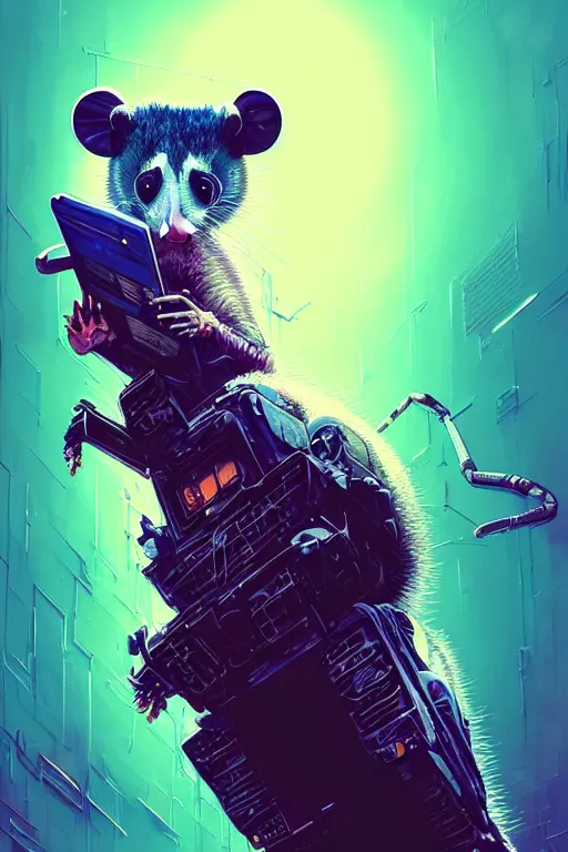 Image similar to a beautiful portrait of a cute cyberpunk opossum screaming by sandra chevrier and greg rutkowski and wlop, purple blue color scheme, high key lighting, volumetric light, digital art, highly detailed, fine detail, intricate, ornate, complex, octane render, unreal engine, photorealistic