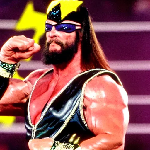 Image similar to Macho Man Randy Savage wearing Saiyan Armor at Wrestlemania 7, highly detailed