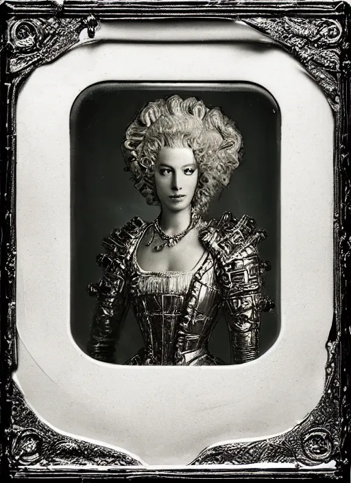 Image similar to old wetplate daguerreotype frame portrait of a futuristic silver armored marie antoinette cyborg, fractal, intricate, elegant, highly detailed, subsurface scattering, by jheronimus bosch and greg rutkowski and louis jacques mande daguerre