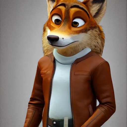 Prompt: portrait, 3 d render, anthropomorphic coyote male, wearing along brown leather jacket, in the style of zootopia, centered on face