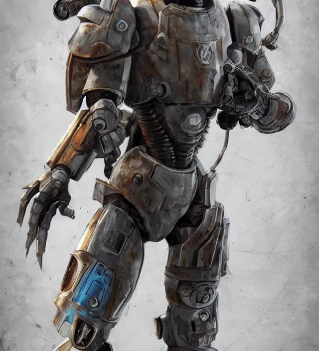 Image similar to a 3 / 4 view of a post - apocalyptic mutant wearing powered armor in the style of fallout power - armor and bubblegum crisis powersuit trending on artstation deviantart pinterest hyper detailed photorealistic hd 8 k post - processing high resolution
